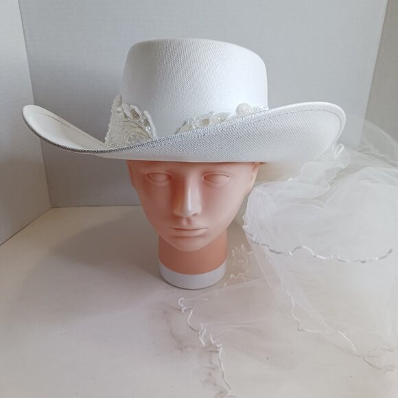 Vintage Western Cowboy Hat Bride Wedding Rhinestone with Veil - Picture 4 of 15